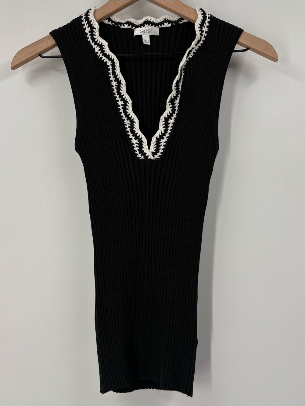 Vintage Cache Black Ribbed White Embroidered Tank Top